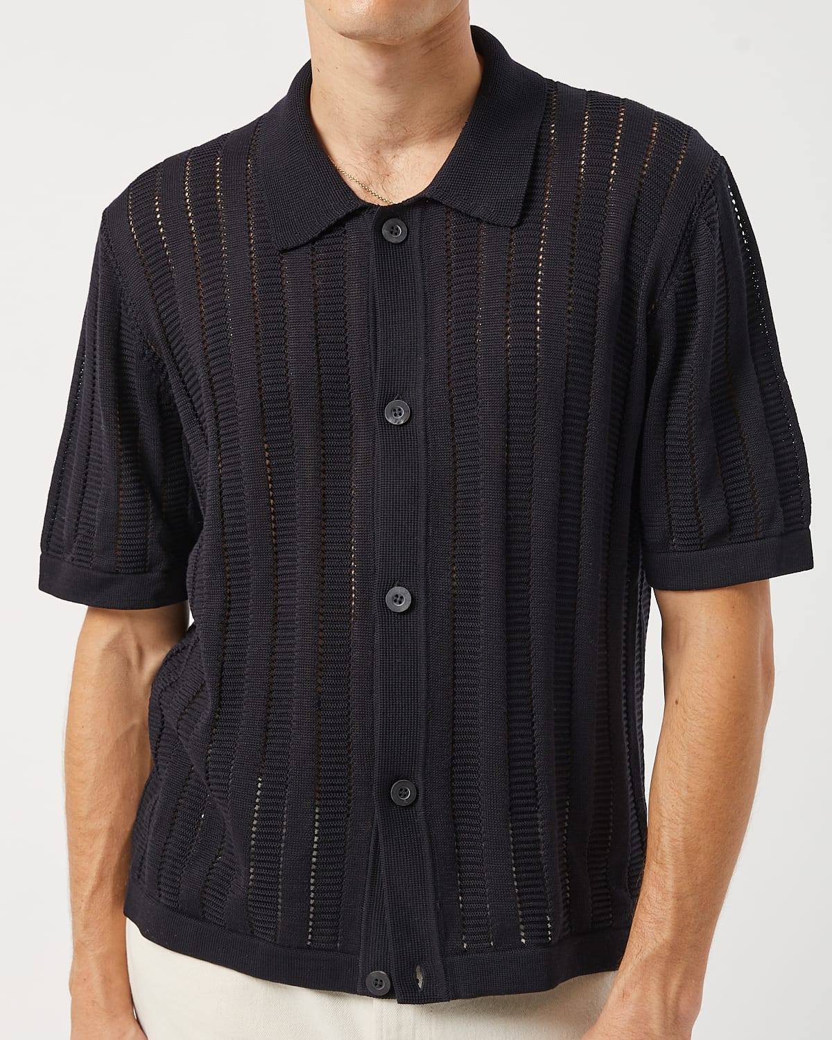 Pointelle Stripe Buttondown - Black - Image 3